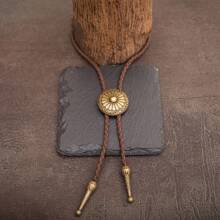 1pc Vintage Bolo Tie Long Necklace, Western Style Round Patterned Pendant