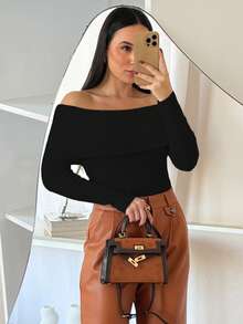 Winter Modal High Elasticity Off-The-Shoulder Knitted Blouse - Black - View 1