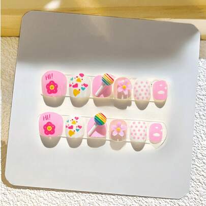 12 piezas de uñas postizas cuadradas cortas y pequeñas con decoración en relieve 3D, diseño floral y de moño multicolor, ideal como regalo de Navidad y Año Nuevo para niñas, suministros de uñas DIY
