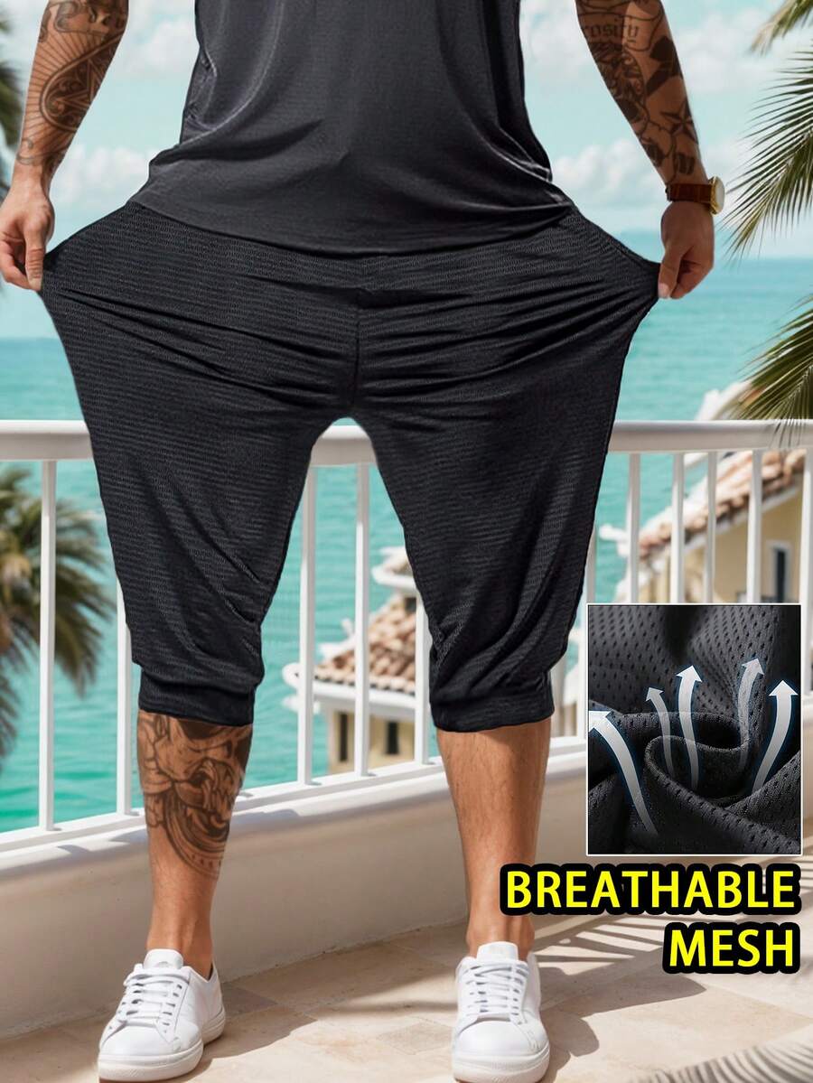 Men's 7/8 Length Drawstring Shorts With Zipper Pockets, Breathable Casual Outdoor Pants, Suitable For Summer Daily Wear - Black - View 1