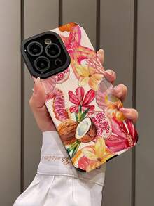 Flower 1pc Pink Hibiscus & Coconut Pattern Vertical Stripe Faux Leather Protective Phone Case, Compatible With Apple 16/16 Plus/16 Pro/16 Pro Max & Waterproof Shockproof Anti-Fall Scratch Resistant - Multicolor - View 3