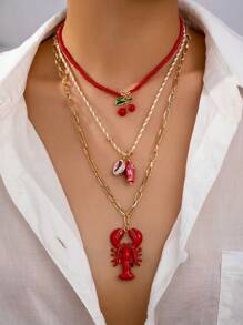1 pieza Collar bohemio de verano con colgante de cereza, pez, langosta o cangrejo de río, accesorio de joyería para playa y viajes para mujeres