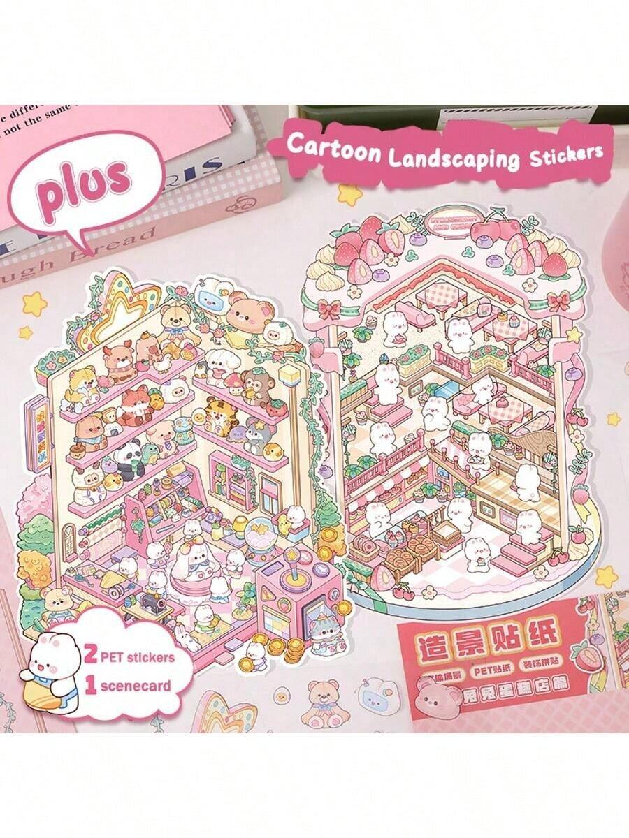 Stickers *3 + Scene Card *1 DIY 3D Sticker Scene Miniature Scene Stickers, Landscape Collage, Handbook Stickers, DIY Collage Paintings Cartoon Cute Planner Stickers Educational Handbook Leisure Toys - Multicolor - View 1
