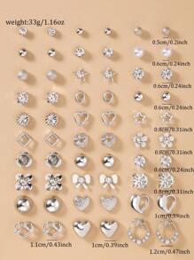 Set de 30 pares de aretes con perlas falsas de metal, estilos surtidos que incluyen corazón, estrella, rhinestone, lazo, flor, adecuados para días festivos, regalos, uso diario