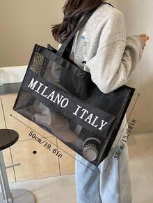 标语图案沙滩包 大容量网眼手提包