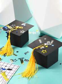 Set de 5 piezas/10 piezas/20 piezas Caja de regalo de caramelo con forma de birrete de graduación, Caja de galletas y chocolates para la fiesta de graduación, Decoración de mesa de graduación con borla dorada, Navidad