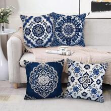 TOPSSCTR Set Of 4 Traditional Geometric Blue Porcelain Pattern Throw Pillow Covers, Polyester Zippered Cushion Cases, Machine Washable Woven Decorative Pillowcases For Various Room Types, 45cm X 45cm - No Insert, Single Side Design