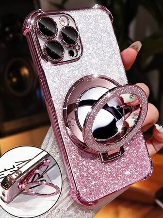 Luxury Electroplated Phone Case With Ring Magnetic Stand Holder, Built-In Makeup Mirror, Rhinestone Glitter Sparkle Y2k Style, Drop-Resistant, Anti-Drop,Summer New Fashion Silicone Shockproof Protective Soft Cover Compatible With IPhone 16 16e 15 14 13 12 11 X XS XR 8 7 Plus Pro Max Mini, Samgsung Galaxy S24 S25 Ultra, Compatible With Xiaomi Redmi, Compatible With Huawei Honor OPPO Reno MOTO Infinix Women 2025