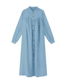 Scacto Vestido largo de línea A con cuello redondo, manga farol y plisado en color liso, ideal para uso diario, fiestas en casa y uso modesto, versión holgada