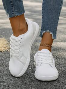 Large Size Women's White Wide Flat Sneakers Round Toe Fashionable Leather Stitching Lace-Up Wide Feet Comfortable All-Match Casual Shoes Vacation Travel