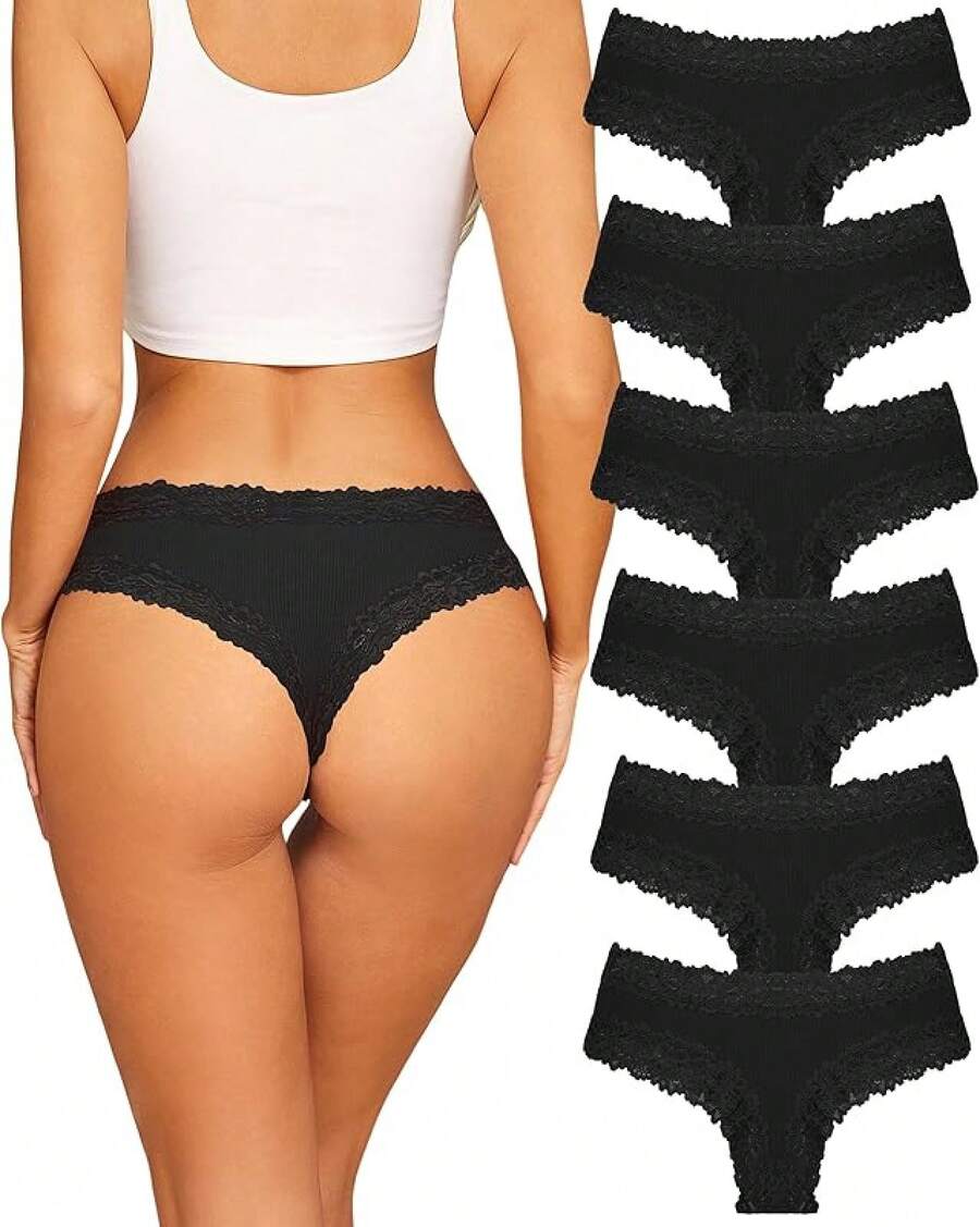 Womens Cotton Underwear Lace Brazilian Panties Soft Breathable Cotton Bikini Ladies 6 Pack - màu đen - Xem 1