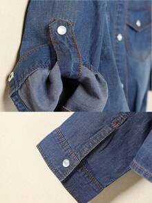 Women' Roll Up 3/4 Sleeve Tie Front Knot Shirt Chambray Denim Crop Top - Dark Wash - View 6