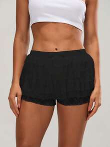 Women Ruffle Lace Shorts Bloomers Summer Casual Layered Tiered Pleated Slim Fit Floral Lace Trim Shorts - màu đen - Xem 1