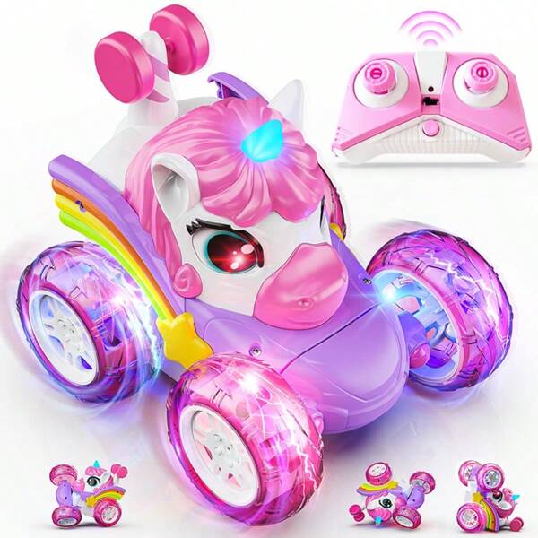 360° Einhorn Ferngesteuerte Mini Stunt Autot, 4WD Stunt Dreh Ferngesteuertes Auto, Doppelseitiges Funkfernsteuerungsauto mit LED Beleuchtung, 2,4GHz Elektrisches Spielzeugauto, Weihnachten Geburtstag Neujahrsgeschenke