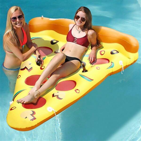 (1 aufblasbarer Pizzafloss, 2 Getränkehalter, 1 Fußpumpe) Riesen aufblasbarer Pizzafloss Schwimmbecken, Spaß Schwimmbeckenfloss, Schwimmparty Spielzeug, Sommer Schwimmbeckenfloss, Oversized mit Getränkehalter