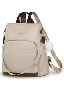 Women's Patchwork Contrast Color Casual Large Capacity Backpack, Minimalist Versatile Shoulder Bag, Student Backpack, Mommy Bag, Work Bag, Suitable For Travel, Student Design, With Pom Pom Pendant, Bookbag - Beige - View 8