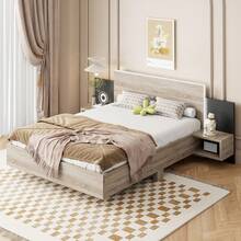 MERAX Queen Size Wooden Floating Platform Bed, With LED Lights, Bedside Nightstand, Natural - Queen Size-Natural - View 1