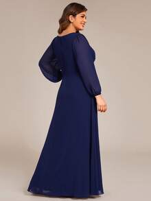 EVERPRETTY Plus Elegant Chiffon V Neck Long Sleeve Blue Bridesmaid Dresses Formal Dresses For Party Graduation - Navy Blue - View 2