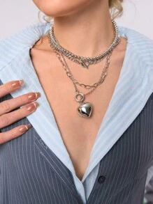 DareSee 4pcs/Set Fashionable Silver-Tone Alloy Multi-Layer Heart Pendant Necklace Set, Luxury Accessory For Women Summer Party Valentines, Mom, Mother, Mother's Day, Gift Music-Fest Y2K-Fest Back To School Autumn