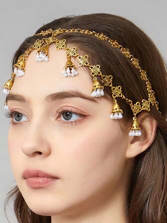 1 Pc Hollow Golden Bell Bead Chain Headpiece, Vintage Arabic Jewelry