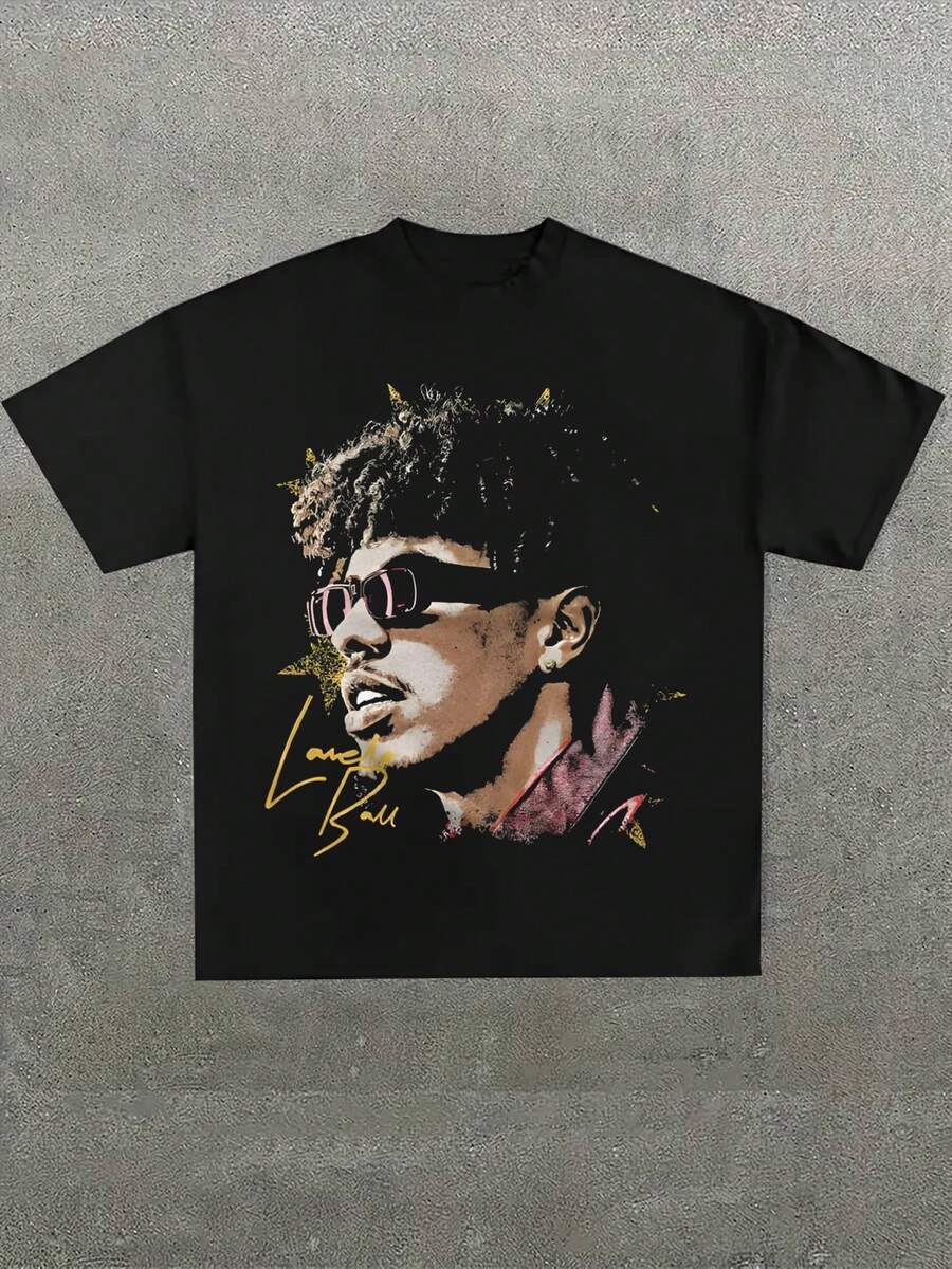 LaMelo Ball Tribute Graphic Black T-Shirt,Casual Print,Comfortable And Versatile,Pure Cotton 220g Printed T-Shirt,Unisex Style - màu đen - Xem 1