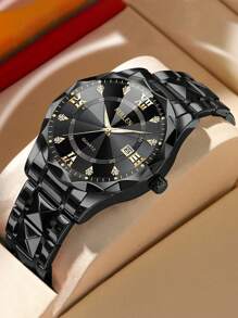 Reloj de cuarzo de marca de lujo para hombre, de acero inoxidable dorado, con fecha, visualización del día de la semana, acentos de diamantes y esfera luminosa