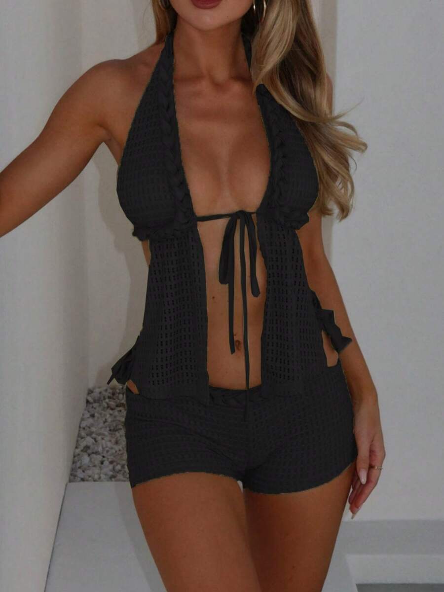 Y2k Crochet Knitted Two Piece Outfit For Women Beach Vacation Clothes Outfit Sexy Hollow Out Tie Front Halter Backless Split Crop Tank Tops + Slim Fit Low Rise Mini Shorts Set Summer Club Beachwear 2 Piece Outfit - 黑色 - 查看 1