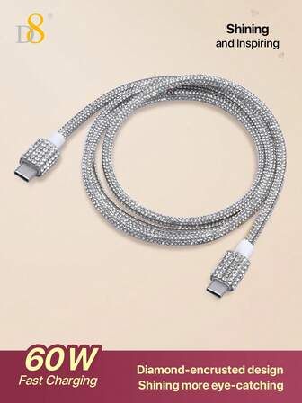 D8 USB C To USB C Data Cable Fast Charging, (3.3FT60W) Crystal Decoration, Diamond Gloss, Compatible With IPhone IPad Compatible With MacBook, Galaxy S23+/S23/S22 S21 S20 FE Ultra 5G, Note 20, Pixel 7 6 Pro 5 4 3 6a 5a 4a 3a XL