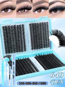 640pcs/Set DIY Eyelash Extension Kit, Eyelash Cluster Set, Curl Degree 10D-100D, Includes Eyelash Glue, Tweezers And Eyelash Brush. Suitable For Home Use. Comes With Eyelash Cluster Manual (4 Mixed Styles). Essential For Christmas Travel. - 彩色 - 查看 11