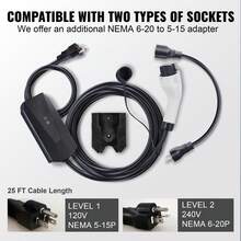 Level 1+2 Portable EV Charger, 16 Amp 120V Or 240V, Electric Vehicle Charger With 28-Foot Charging Cable NEMA 6-20P Plug NEMA 5-15 Adapter, Plug-In Home EV Charging Station For SAE J1772 EVs - US A Type Plug(110-127V) - View 6