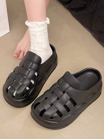 女士编织一脚蹬凉鞋，厚底镂空休闲凉鞋，2025 年夏季新款
