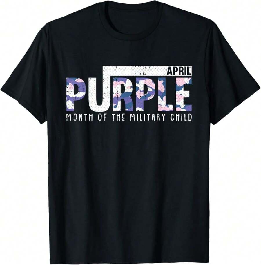 Purple Camo Month Of The Military Child Army Soldier Kids T-Shirt,EX Gifts For Husband - Black - View 1