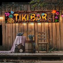 1 件 - 涤纶 Tiki 酒吧横幅 - 热带夏威夷海滩主题派对装饰 - 适用于露台、花园、栅栏、阳台、欢迎回家活动多用途室内/室外悬挂标志 - 200 厘米 * 50 厘米 - 彩色 - 查看 2