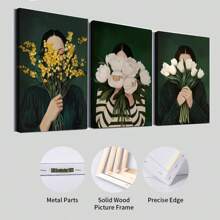 3pcs Optional Frame Canvas Print Decorative Painting,Emerald Green Floral Women Stripe Abstract Wall Arts Posters,Vintage Japandi Eclectic Art Style,Suitable For Living Room, Bedroom,Ideal Wall Art Home Decor Gifts