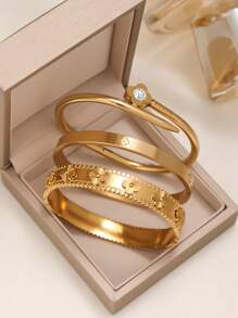 Vintage Floral Zirconia Bangle Set, Elegant Oxidized Zirconia Bracelet, Suitable For Women's Daily Wear