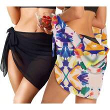 CHICGAL 2 Pieces Women Beach Sarong Bathing Suit Wrap Skirt Sheer Bikini Swimsuit Cover Ups Swimwear - 黑色和彩色油漆 - 查看 5