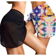 CHICGAL 2 Pieces Women Beach Sarong Bathing Suit Wrap Skirt Sheer Bikini Swimsuit Cover Ups Swimwear - 黑色和彩色油漆 - 查看 6