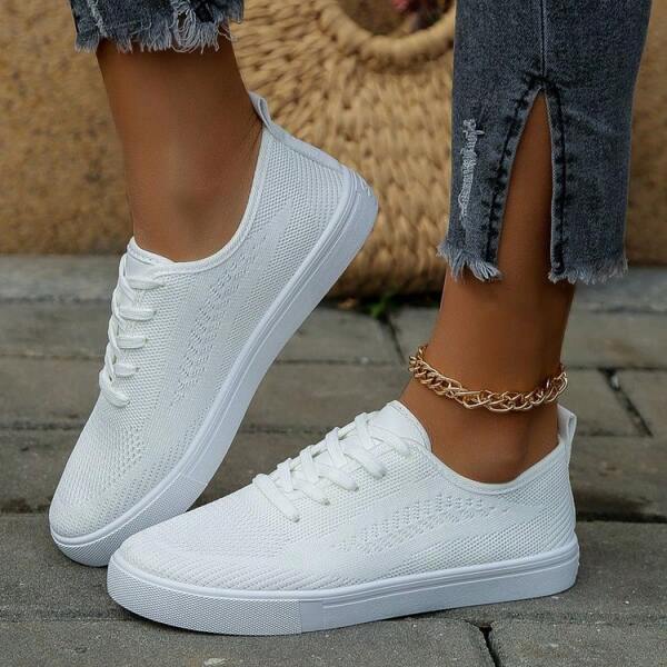 1 Paar lässige Strick-Sneakers für Damen, geeignet für den Außenbereich, atmungsaktiv, für den Alltag, flache Low-Top-Schnürschuhe, Übergröße