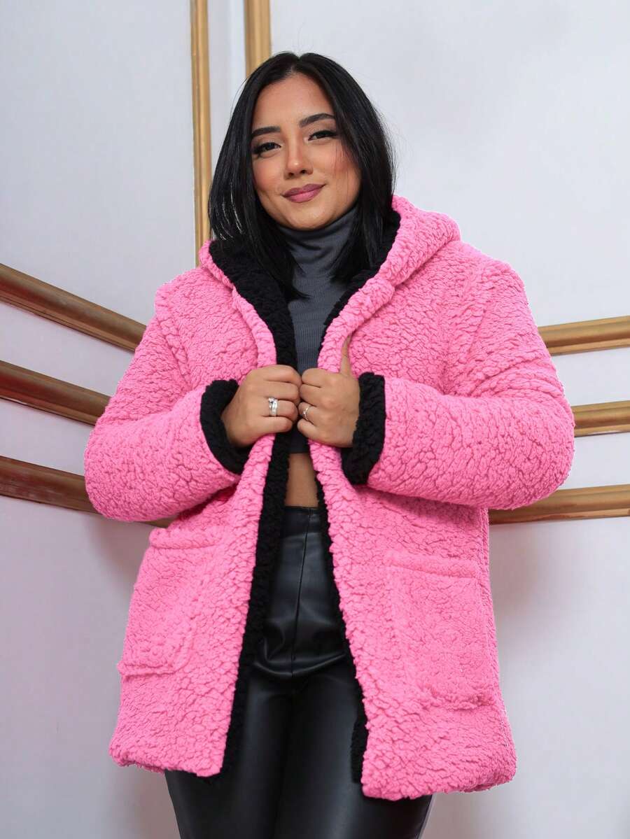 Double Teddy Coat Max Lined Blazer Hood Pockets With Internal Lining Women's Winter Overcoat - 淺粉色 - 查看 1
