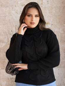 Women's Cold Temperature Sweater High Neck Wool Puff Sleeve Knitted Tricot Braids - 黑色 - 查看 1