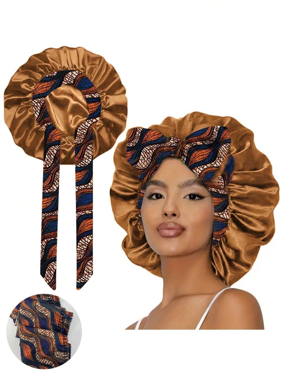 1 pieza Gorro turbante de mujer de satén elástico y sedoso para dormir/maquillaje/uso diario (Estampado aleatorio)