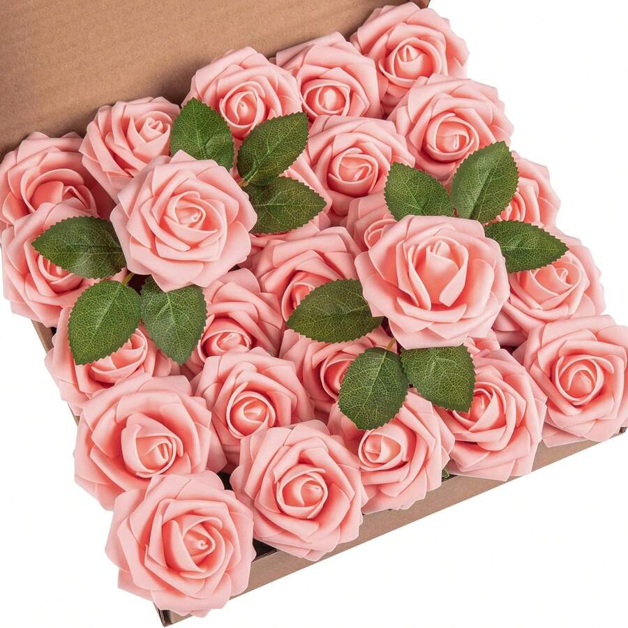25Pcs Artificial Roses Flowers Fake Roses With Stems Real Touch Foam Flowers For DIY Wedding Bouquet Baby Shower Centerpiece Floral Arrangement Party Home Decor(Dark Red) - 桃 - 查看 1