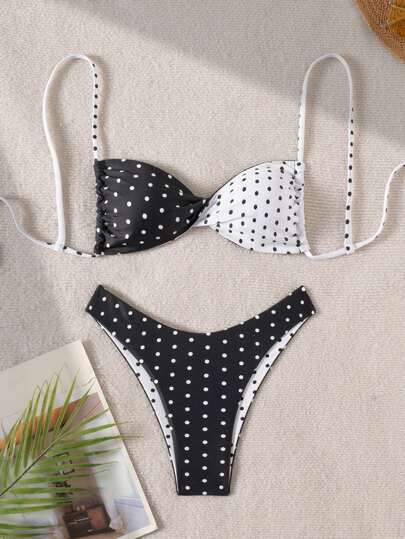 Conjunto de bikini con parte superior triangular de corte sexy y parte posterior retorcida, con estampado de lunares blanco y negro, para uso casual en la playa y vacaciones