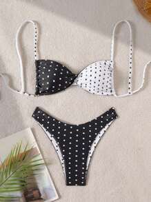 Set di bikini da donna con triangolo sexy apertura sul retro, in bianco e nero a pois, casual, adatto per spiaggia e vacanza