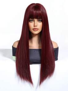 红色长直发合成耐热假发红色假发带刘海女士假发适合角色扮演派对 - 紅色 - 查看 4
