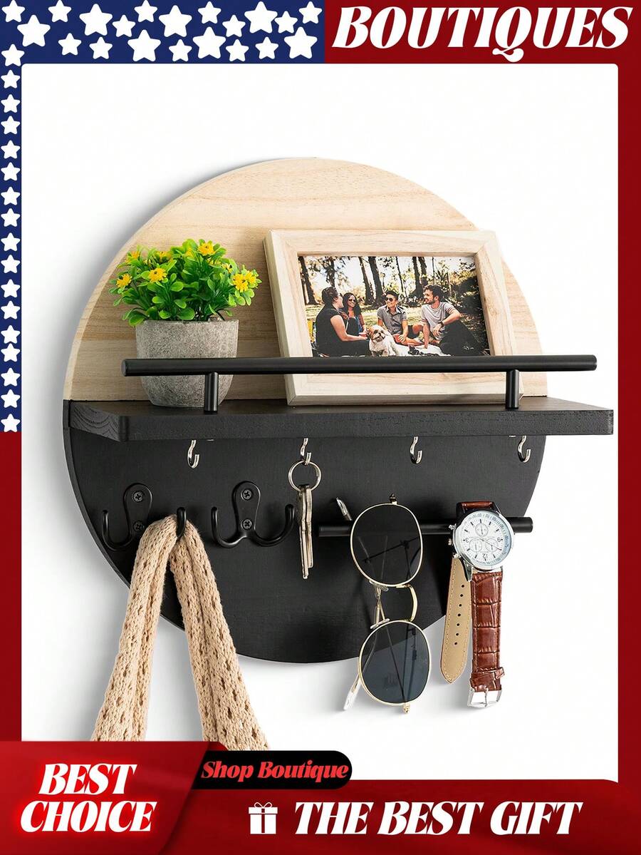 Key Holder For Wall Decorative With Shelf And Hooks, Mail Organizer Wall Mount With Sunglasses Holder, Circular Design Entryway Key Rack Hanger, Rustic Home Decor Boho Wall Decor, Key Rack, Key Holder Wall Mount, Key Holder For Wall, Key Organizer, Key Hooks For Wall, Mail Organizer Wall Mounted, Keys Holder On Wall, Key Hook, Wall Key Holder, Mail Holder, Key Hanger, Mail Holder For Wall, Car Key Holder,Shelf With Hooks, Key Hooks, Dog Leash Holder For Wall, Key Hanger Wall Mount, Key And Mail Holder For Wall - Light brown&Black-A - 查看 1