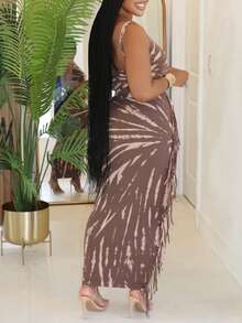 女士休闲日常度假优雅性感无袖露背上衣和流苏下摆长裙两件套，夏季 - 藕粉色 - 查看 6