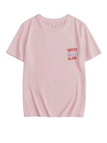 Women's Summer New Simple Coffee & English Print Round Neck White Short Sleeve T-Shirt, Casual Everyday Wear, Versatile Top