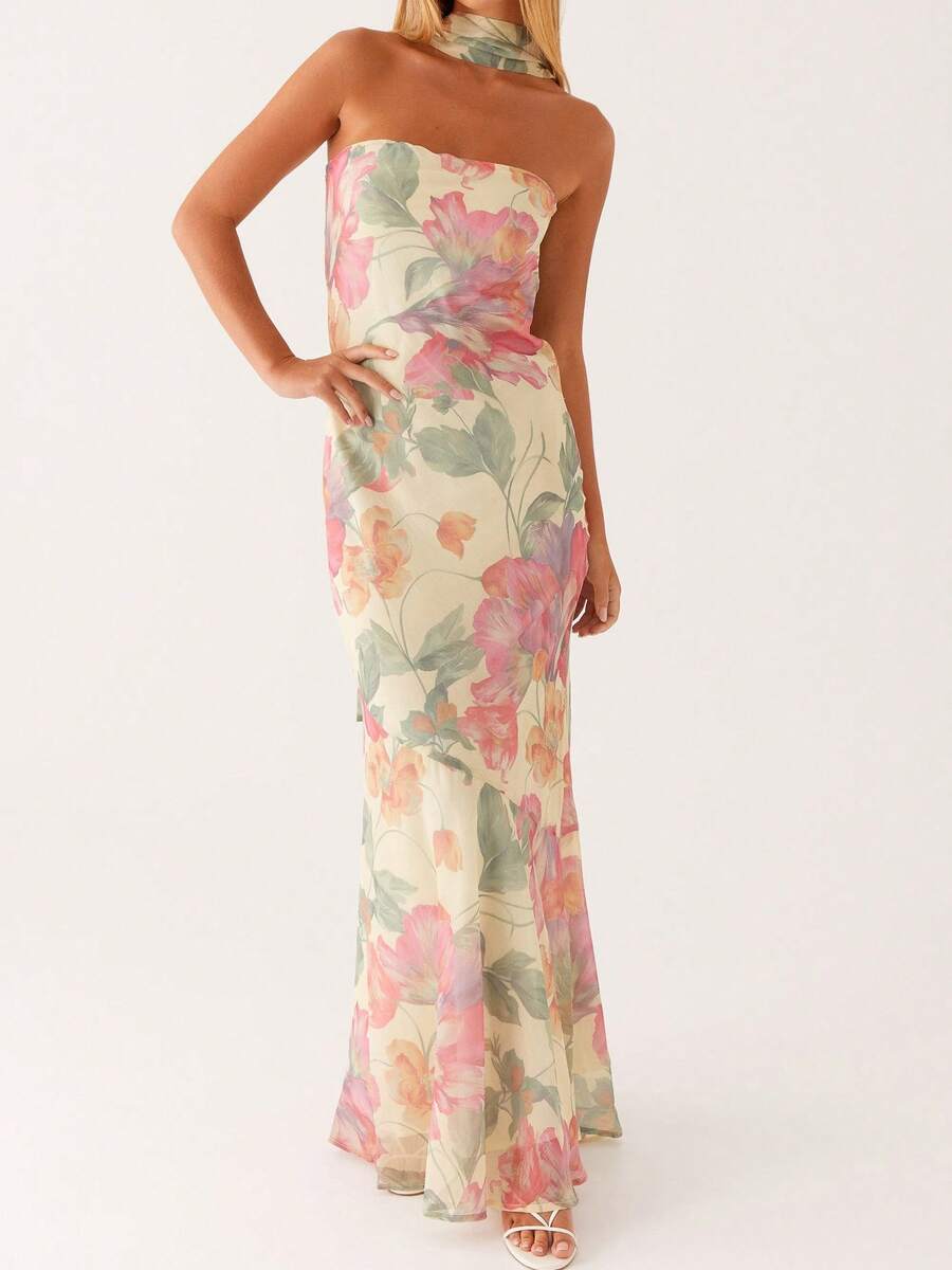Women Floral Strapless Maxi Dress Sleeveless Backless Off Shoulder Backless Bodycon Tube Party Long Dresses Summer Sundress With Scarf - 淺粉色 - 查看 1