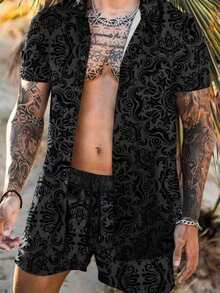 1 conjunto de ropa casual deportiva para hombre, camisa polo con estampado todo sobre y shorts para vacaciones de verano en la playa, hawaiana - Negro - Ver 1
